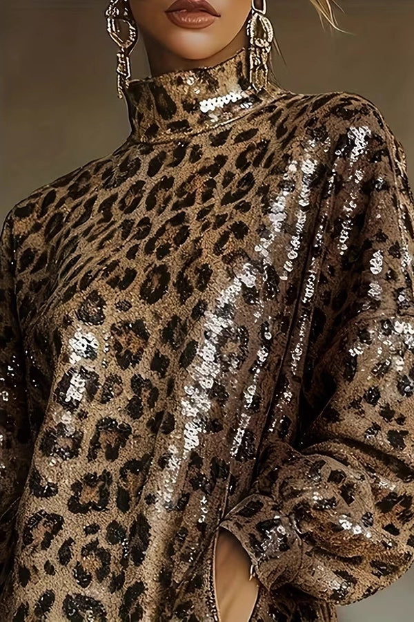 Leopard Print Sequined Turtleneck Long-sleeved Tassel Hem Loose Mini Dress