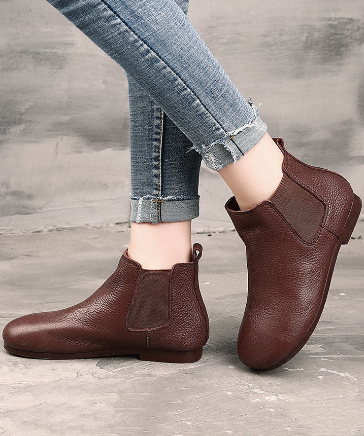 Coffee Boots Cowhide Leather Boho Warm Fleece Flat Boots