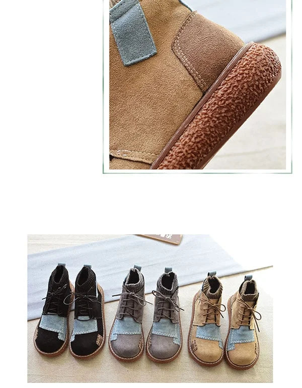 Khaki Stitching Handmade Retro Winter Ankle Boots