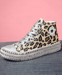 Leopard Print Flat Shoes For Rivet Cross Strap Splicing Flat Shoes For Women