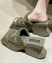 Green Peep Toe Rivet Cotton Platform Slide Sandals