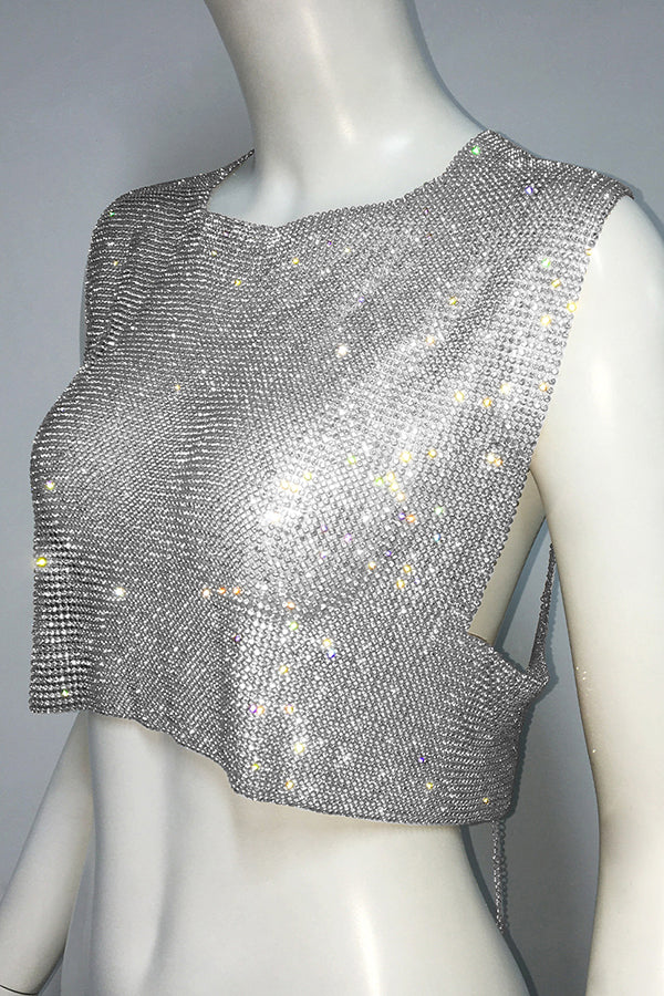 Metallic Rhinestone Backless Chain Vest