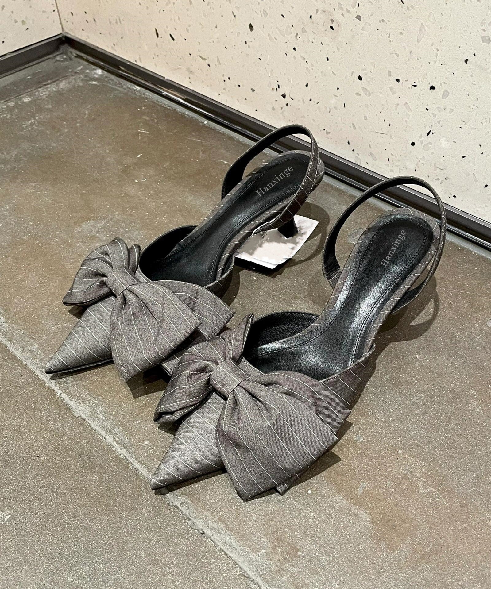 Classy Grey High Heel Sandals Splicing Bow Pointed Toe
