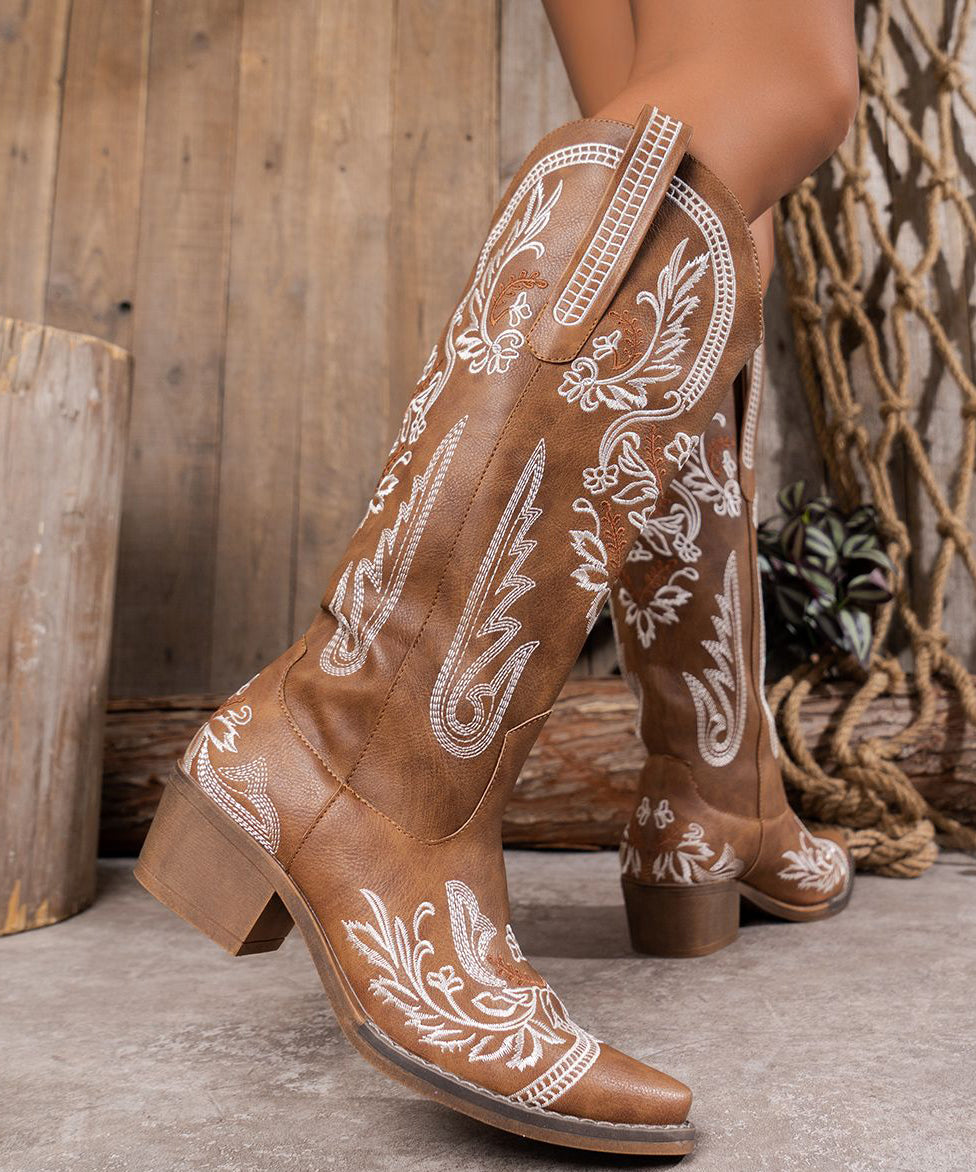 Boho Brown Embossed Solid Faux Leather Chunky Chunky Boots