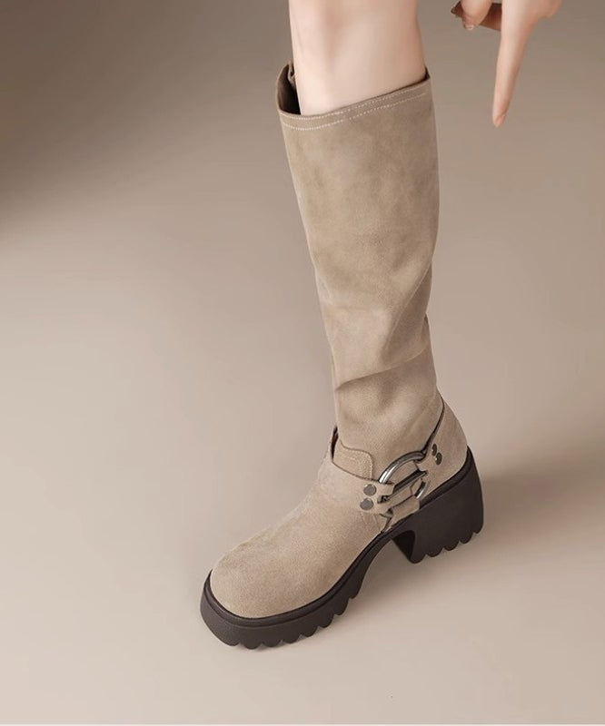 Light Camel Splicing Buckle Suede Chunky Heel Boots