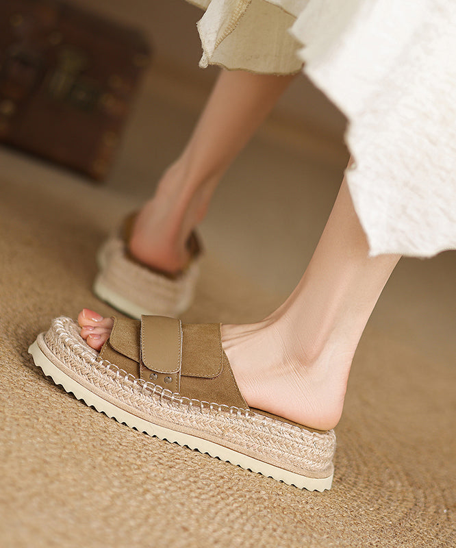 Khaki Splicing Suede Platform Slide Sandals Peep Toe