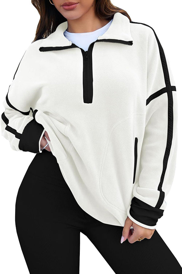 Color-blocked Trim Loose Casual Pocket Sweatshirt
