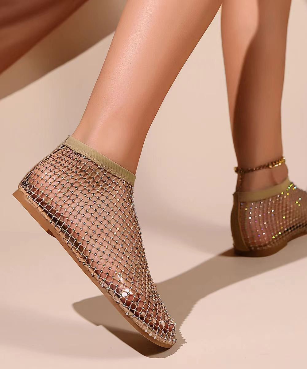 Black Hollow Out Zircon Flat Sandals Breathable Mesh New