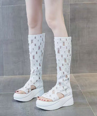 Boutique Splicing Platform Boots Peep Toe White Denim Fabric