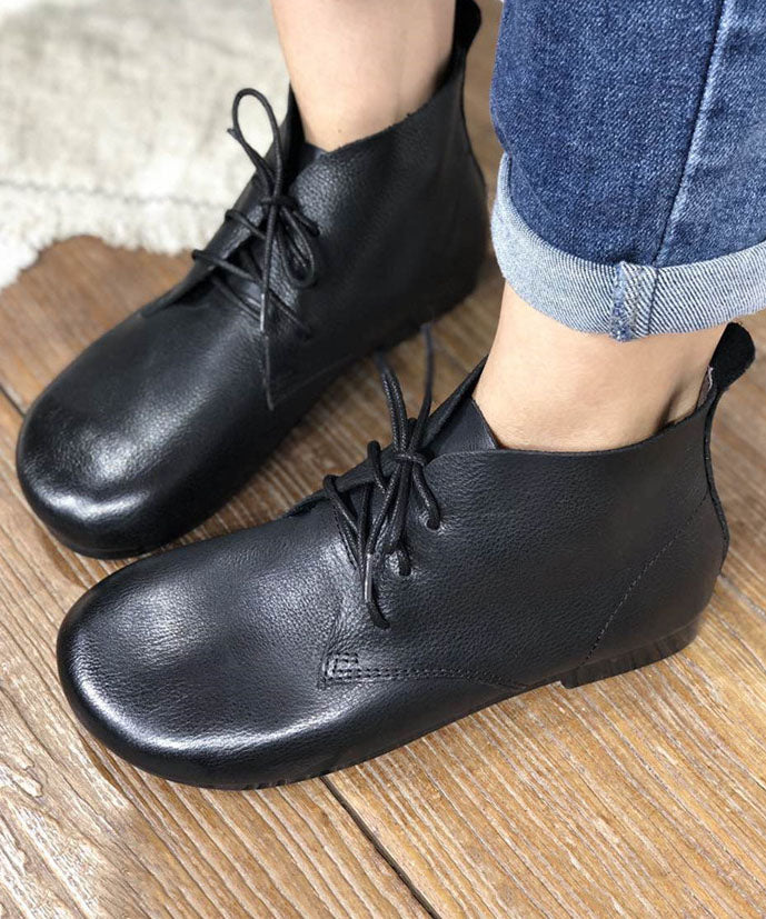 Lace Up Flat Feet Shoes Comfy Black Cowhide Leather