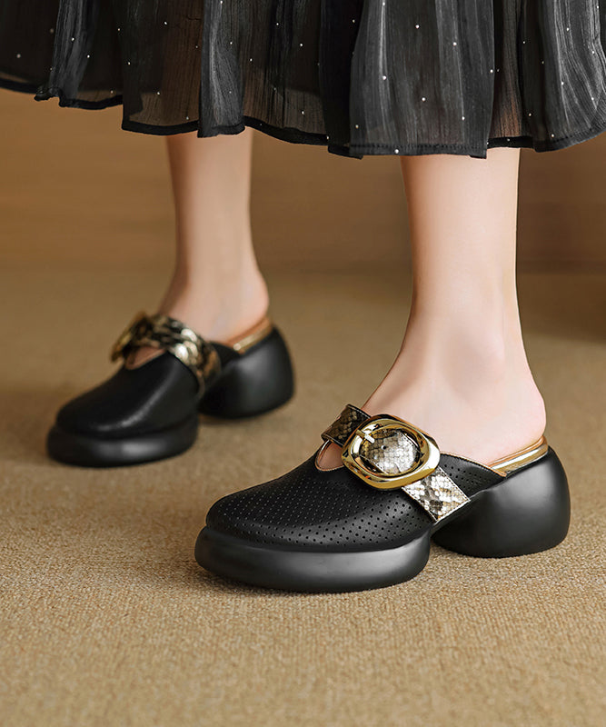 Apricot Platform Cowhide Leather Hollow Out Slide Sandals