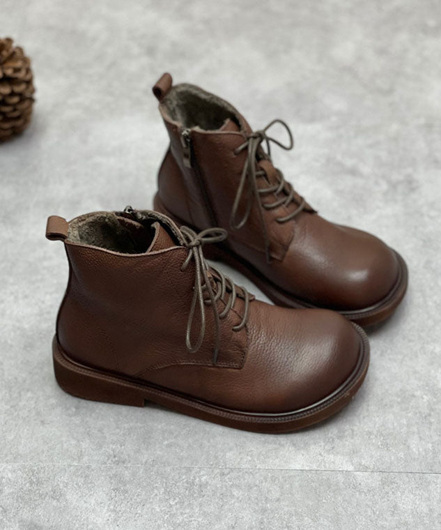 Coffee Boots Cowhide Leather Warm Fleece Beautiful Lace Up Boots
