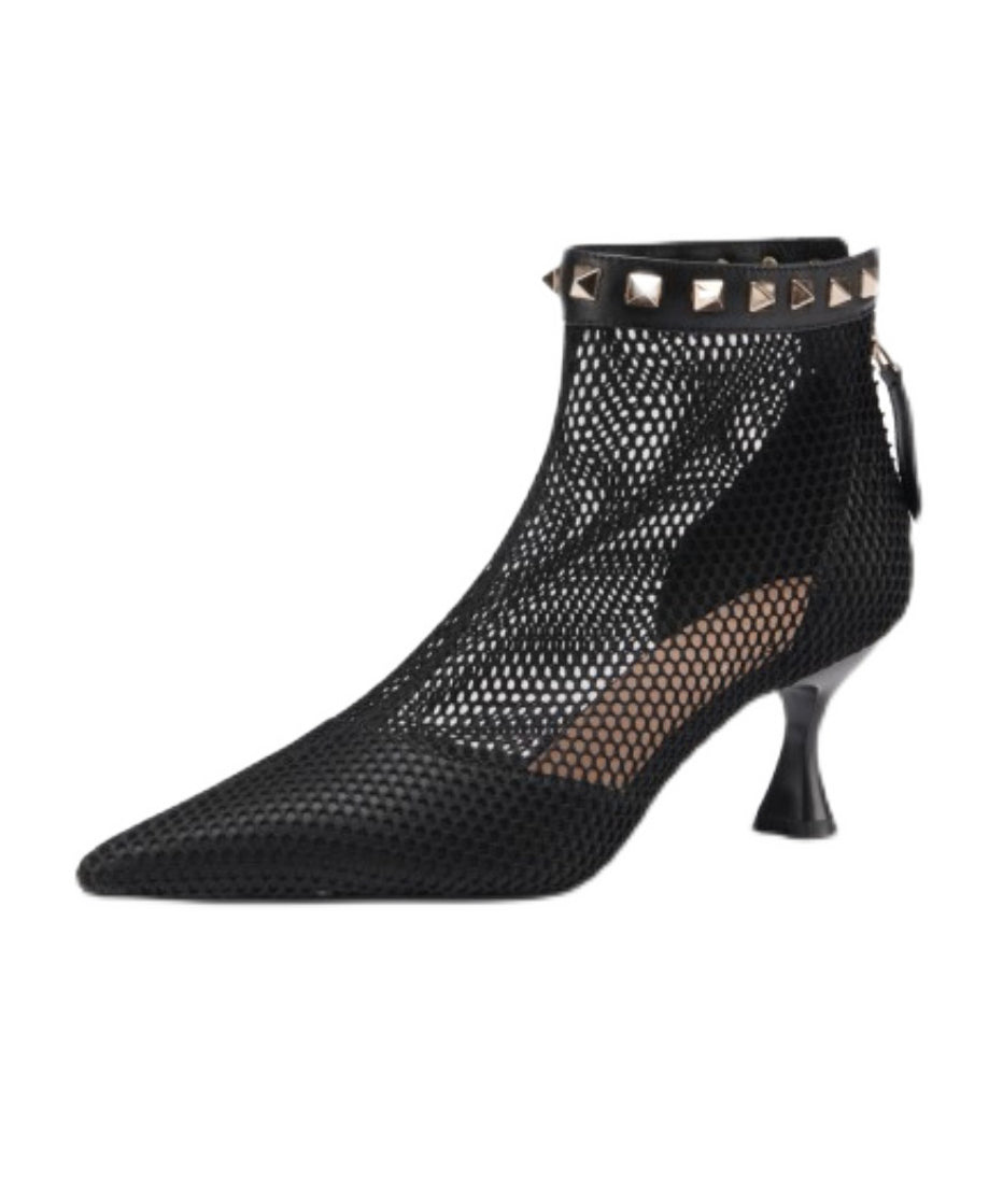 Breathable Mesh Black Rivet Splicing Boots Pointed Toe