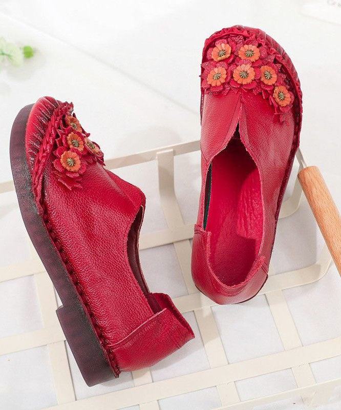 Unique Splicing Flat Shoes For Red Floral Cowhide Leather
