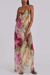 Floral Print Backless Slit See-Through Holiday Maxi Dress