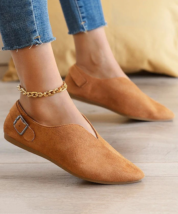 Suede Khaki Splicing Flat Shoes For Pointed Toe