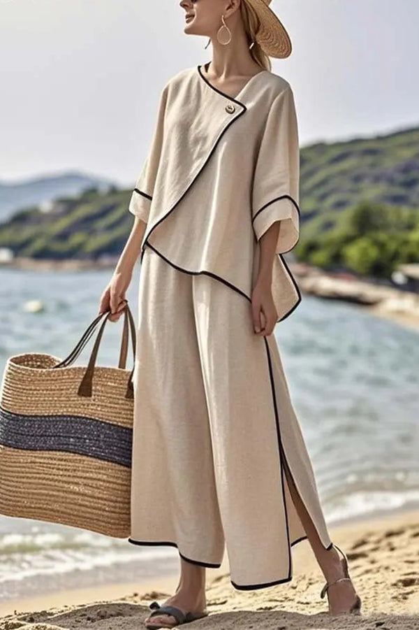 Color Trim Asymmetrical Casual Top and Elastic Waist and Wide-leg Pant Set