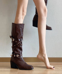 Brown Faux Leather Rivet Splicing Chunky Heel Boots