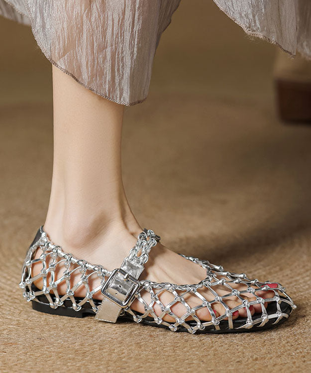 Vacation Style Silver Breathable Hollow Out Woven Flat Sandals