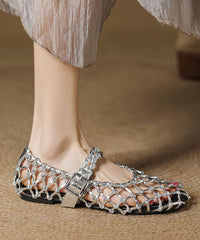 Vacation Style Silver Breathable Hollow Out Woven Flat Sandals