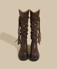 Boutique Wrinkled Splicing Chunky Boots Brown Faux Leather