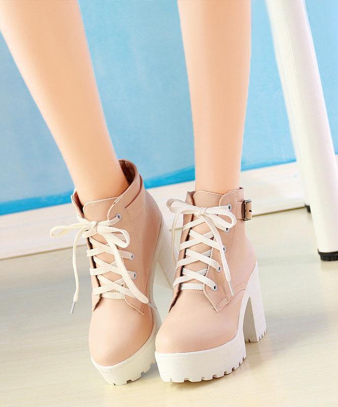 Vintage Cross Strap Chunky Boots Pink Faux Leather