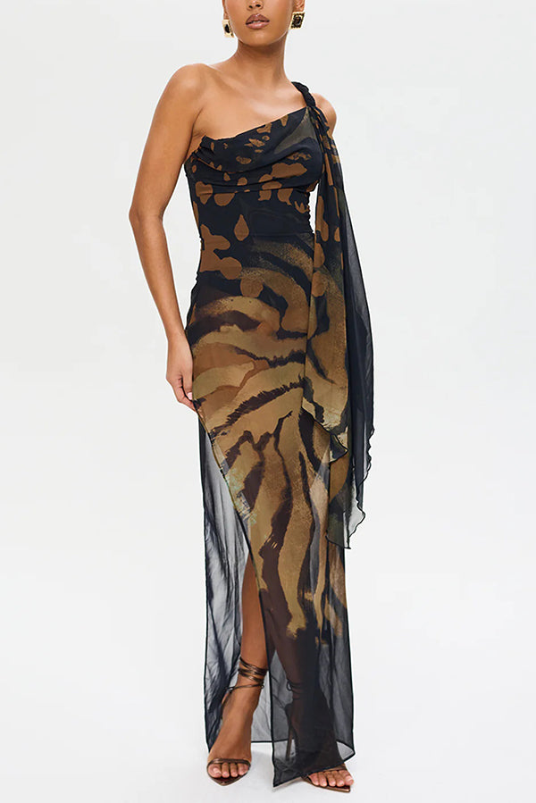 Unique Print One Shoulder Slim High Slit Maxi Dress