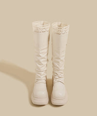 Brown Lace Splicing Wrinkled Faux Leather Chunky Boots