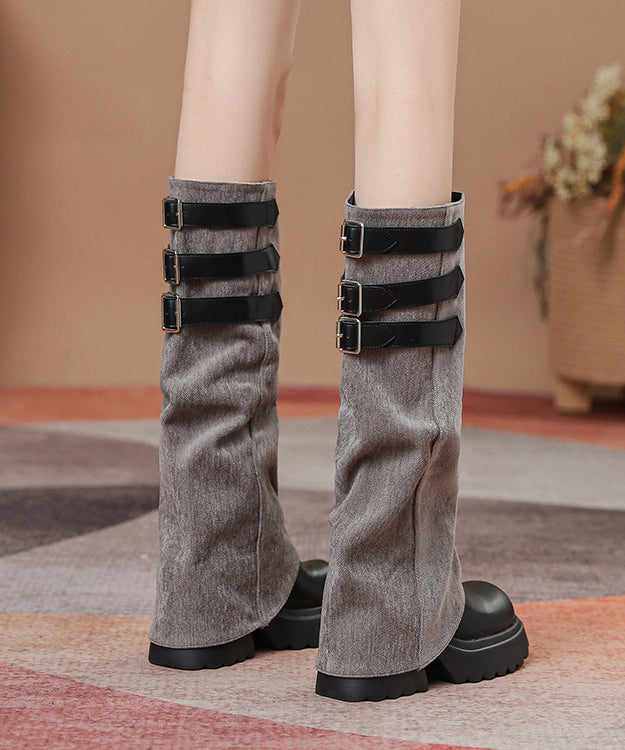 Faux Leather Splicing Denim Fabric Platform Boots