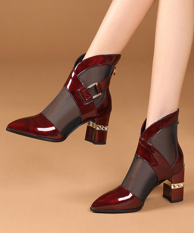 Mulberry Chunky Heel Faux Leather Tulle Splicing Boots