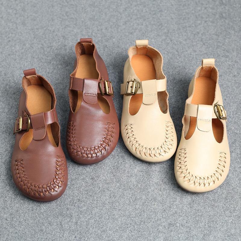 Cowhide Beige Leather Flat Shoes For Buckle Strap Hollow Out Flat Shoes
