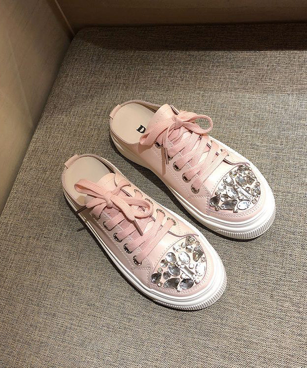 Boutique Pink Splicing Platform Slide Sandals Lace Up Zircon