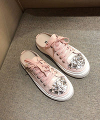 Boutique Pink Splicing Platform Slide Sandals Lace Up Zircon