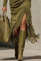 Suede High-neck Long-sleeved Pleated Tassel Midi Dress