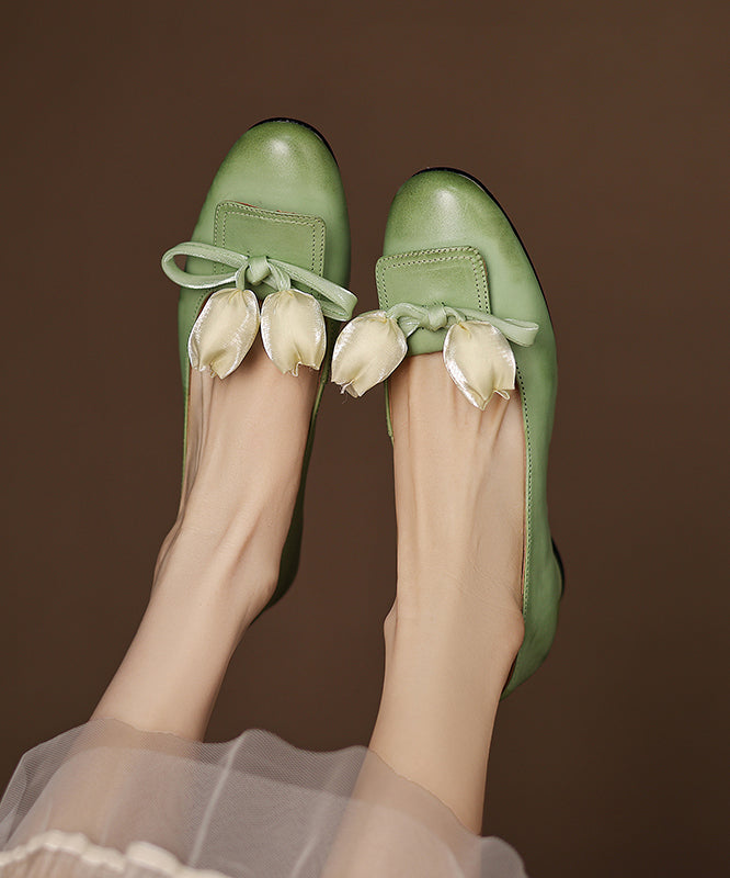 Elegant Green Bow Floral Splicing Cowhide Leather Flat Shoes