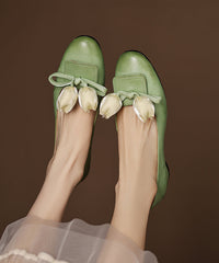 Elegant Green Bow Floral Splicing Cowhide Leather Flat Shoes