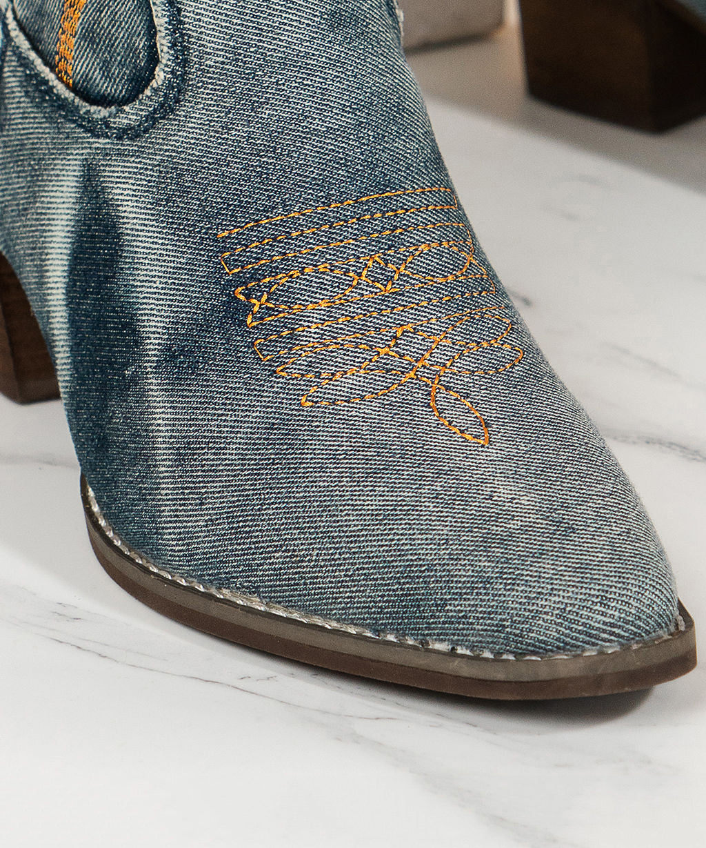 French Pointed Toe Fabric Boots Cowboy Boots Embossed Blue