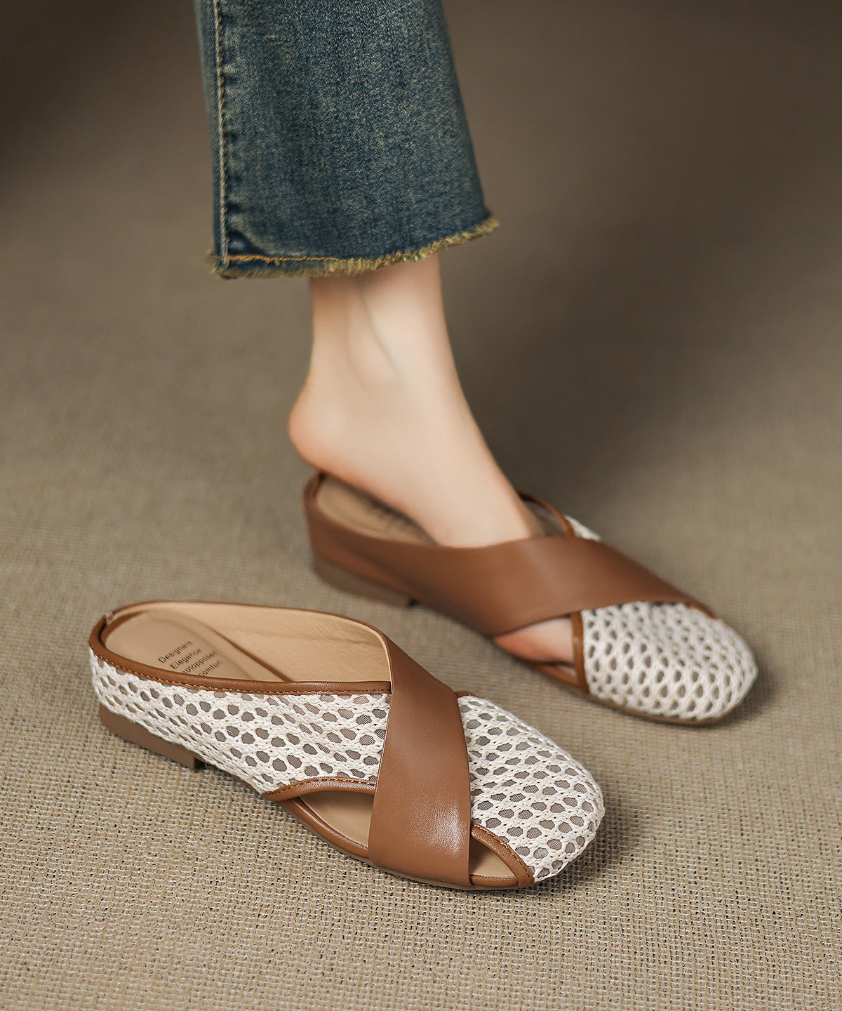 Brown Sheepskin Splicing Breathable Mesh Slide Sandals