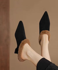 Splicing Wedge Slippers Shoes Black Suede Fuzzy Wool Lined