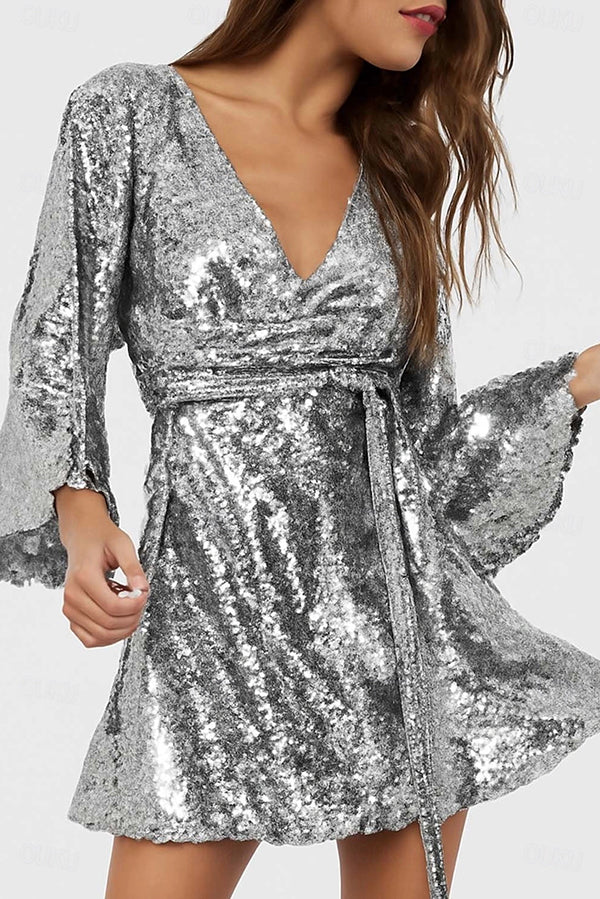 Solid Color Loose Sequined V-neck Tie Mini Dress