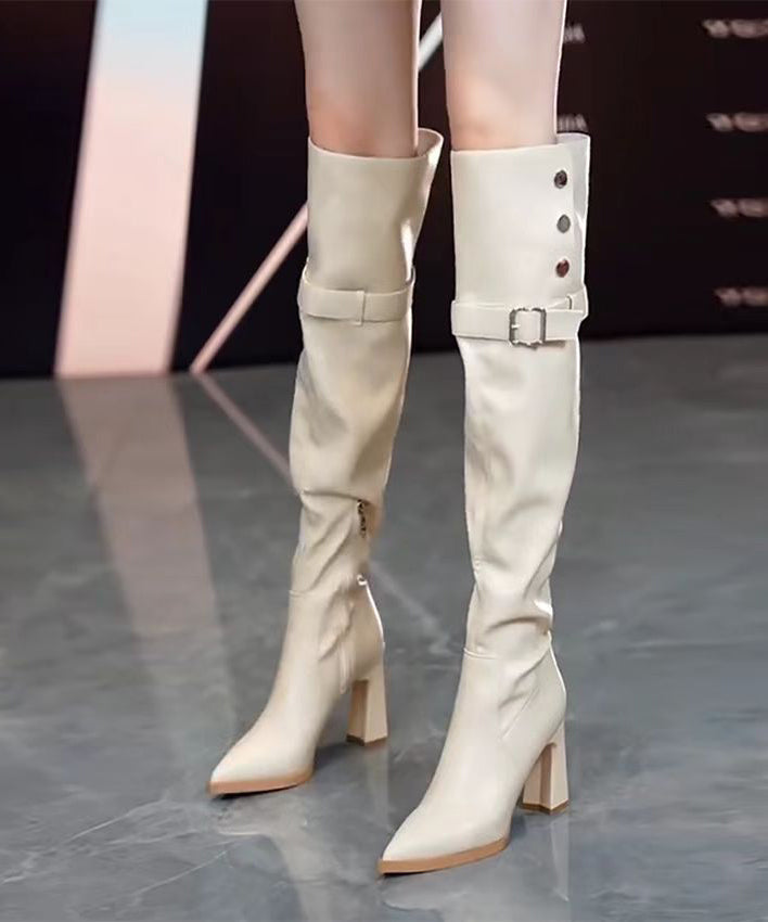 Beige Boots Chunky Heels Faux Leather Fuzzy Wool Lined