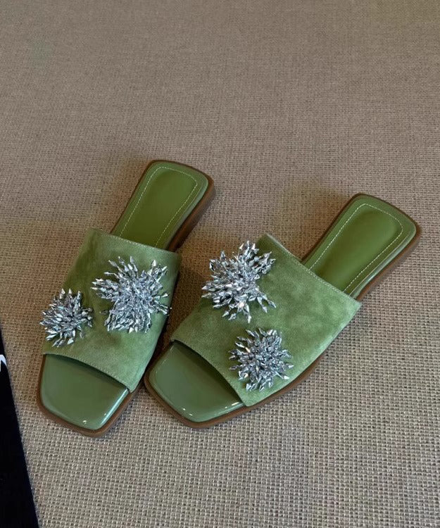Italian Floral Splicing Green Cowhide Leather Slide Sandals Peep Toe