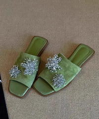 Italian Floral Splicing Green Cowhide Leather Slide Sandals Peep Toe