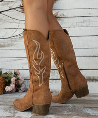 Vintage Brown Pointed Toe Zippered Splicing Suede Middle Boots