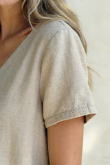 Linen Blend Crew Neck Short-sleeved Top and Elastic Waist Casual Pocket Pants Set