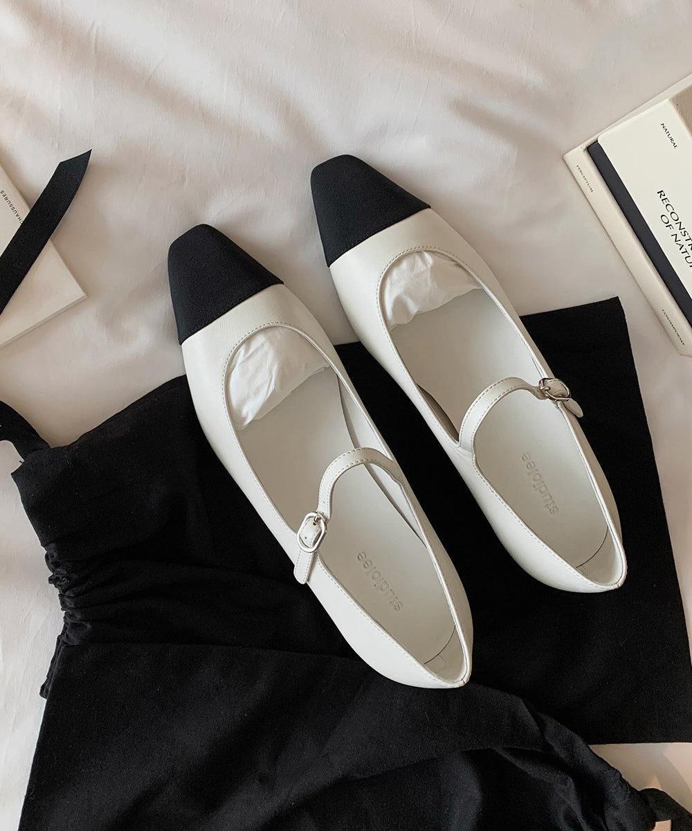 French Silver Square Toe Buckle Strap Splicing Flat Shoes