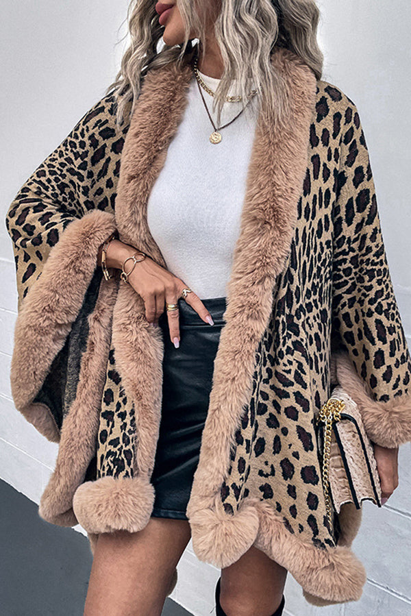 Leopard Print Raw Edge Shawl Cape Cardigan