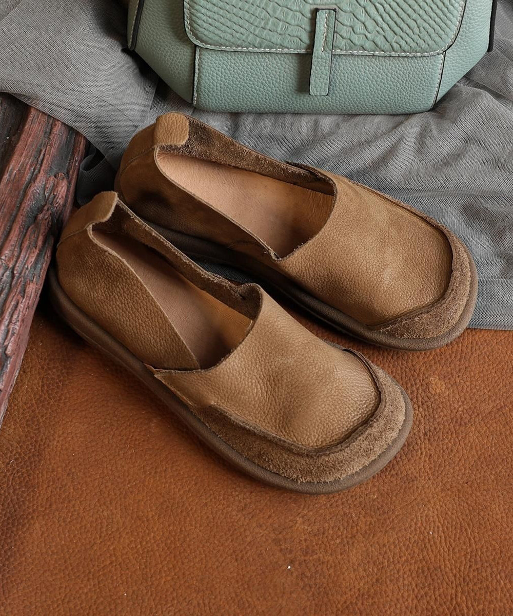 Handmade Khaki Cowhide Leather Splicing Flat Feet Shoes