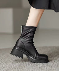 White Cowhide Leather Splicing Chic Chunky Boots