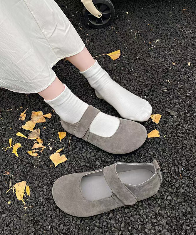 Grey Suede Buckle Strap Splicing Flat Feet Shoes